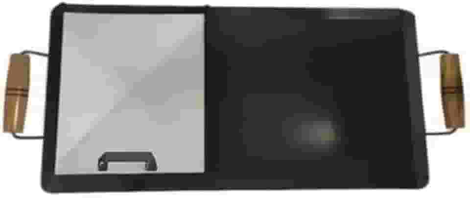 Chapa para Hambúrguer Profissional, Aço Carbono, 30x60cm, com Abafador e Alças em Madeira, para Lanches e Churrasqueira