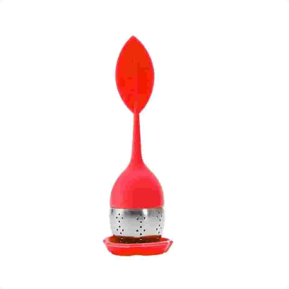 Infusor de Chá em Silicone com Cabo em Forma de Folha, Coador de Aço Inox, Bandeja Coletora. Silicone Premium BFA Free (Vermelho)