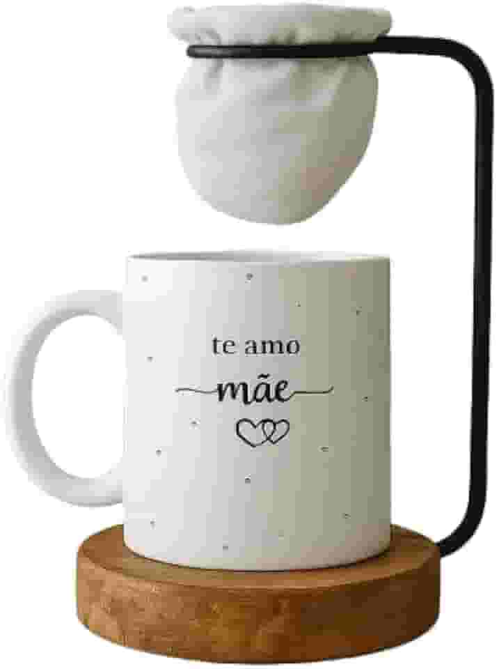 Kit Dia das Mães, Caneca 'Te Amo Mãe' com Mini Coador de Café, Base em Madeira