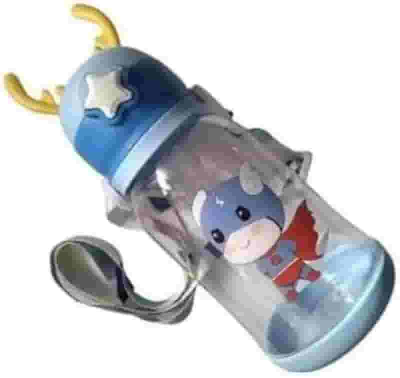 Garrafa de Água Infantil com Tampa Alce Highquality, Design Fofo com Canudo, Decorada com Animais (Azul)