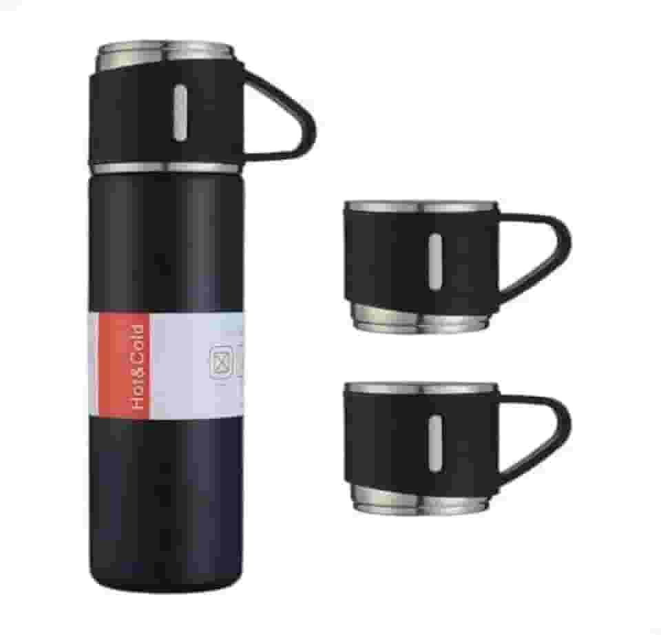 Kit Garrafa Térmica Inox 500ml com 3 Xícaras Portátil Ideal para Camping Viagem e Uso Diário (Preto)