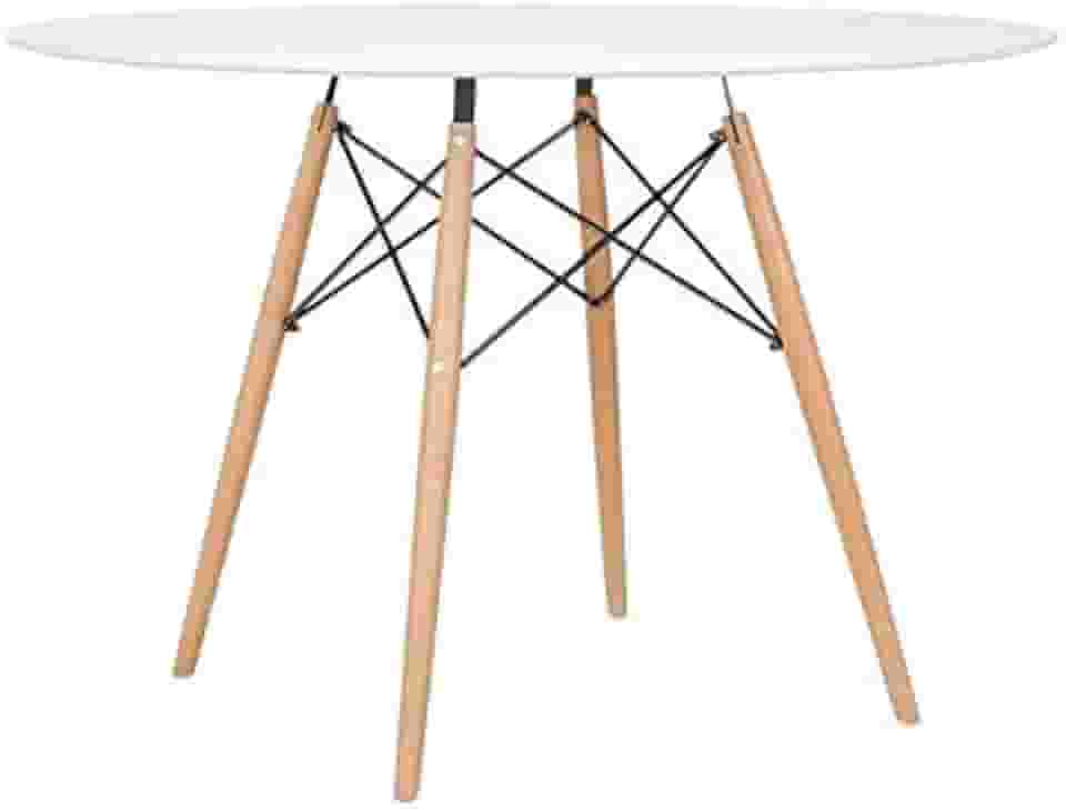 Loft7, Mesa De Jantar Redonda Eames Eiffel Com Tampo De Mdf Laqueado E Base De Madeira E Aço 120 Cm Cozinha Sala De Jantar Bar Cafeteria, Branco