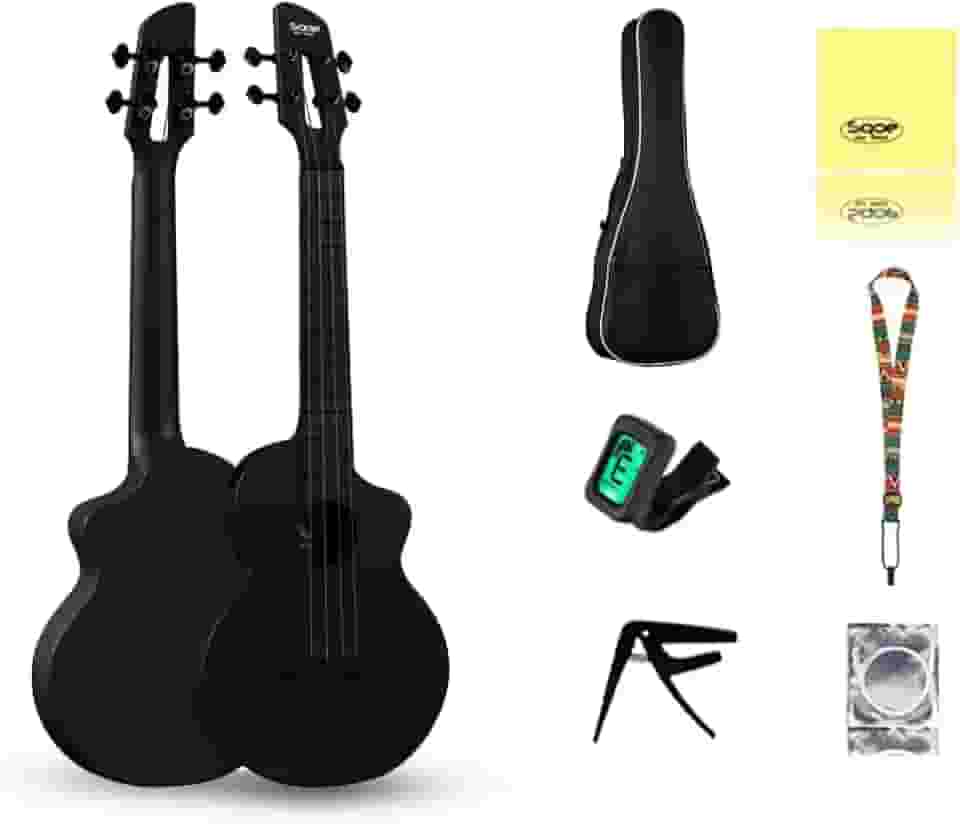 ANVAR VEDO Ukulele Profissional Sqoe 23" em Fibra de Carbono, Kit Completo com 6 Acessórios - Resistente, Portátil e Compatível com Todos os Níveis （Pacote de 1） (Preto)