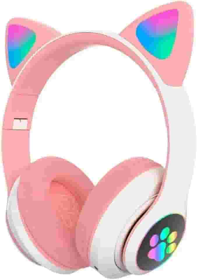 Fone De Ouvido Com Orelha de Gatinho Infantil Headphone Bluetooth com Luzes RGB nas orelhinhas e patinhas para crianças tamanho ajustável dobrável (Rosa/Branco)