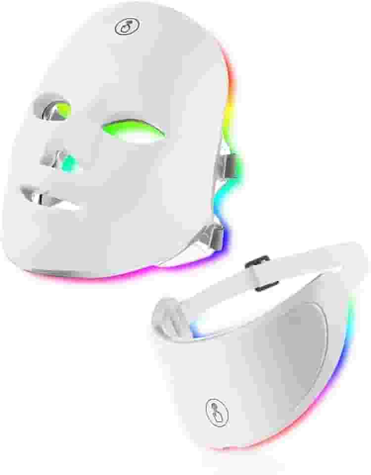 Máscara LED Facial e Pescoço, 7 Cores, Terapia Anti-Envelhecimento, Clareamento da Pele, Recarregável