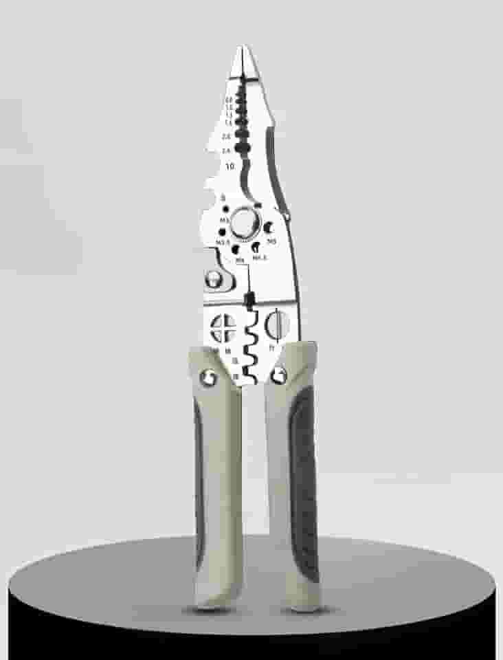 1 alicate multifuncional de cortador de fio de aço inoxidável e descascador, alicate elétrico para fiação, corte, decapagem, crimpagem, torção, construção de metal para uso doméstico.
