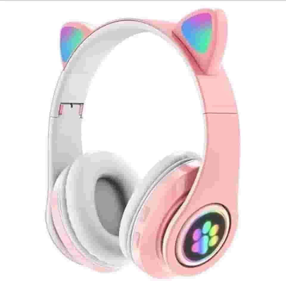 Fone Orelhas GATO Sem Fio COM LED MUDA DE COR Bluetooth Música Infantil COLORIDO ORELHINHA GATINHO (ROSA)