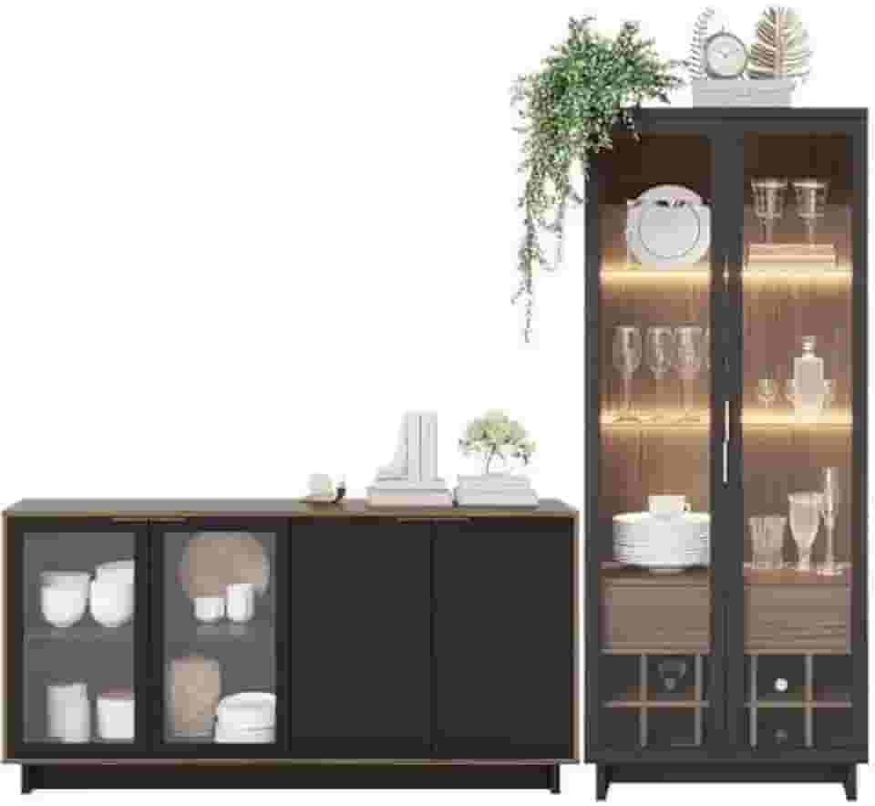 Kit Cristaleira Guanabara e Buffet Vitoria Preto Fosco/Noce Milano Colibri Móveis