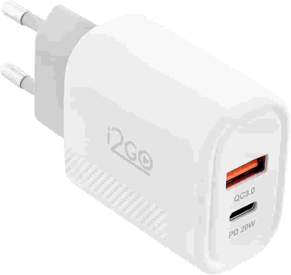 Carregador de Parede Ultra Rápido com 1 Saída USB-C Power Delivery 20W + 1 Saída USB-A 18W I2GO - i2GO PRO, Branco
