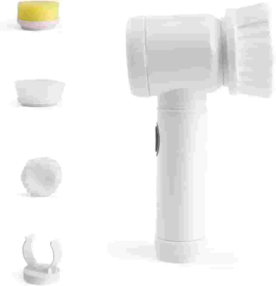 Escova de Limpeza Elétrica Portátil Sem Fio Recarregável - Giratória, com 7 Cabeças de Escova Elétrica em 1 para Lavagem de Pratos, Banheiro, Piso, Vidro e Limpeza Doméstica Geral (Branco, 5 em 1)