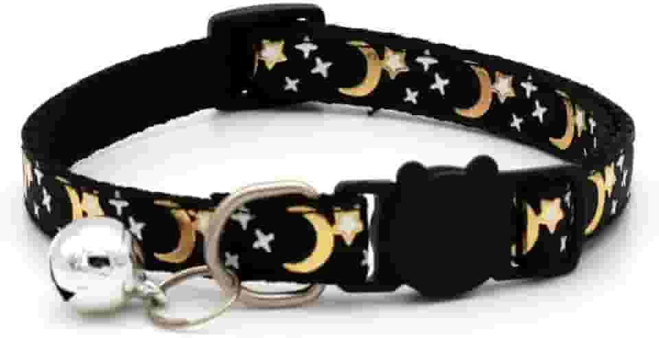 1 peça preta: coleira decorativa de estrela e lua para gatos e cães com fivela e faixa refletiva