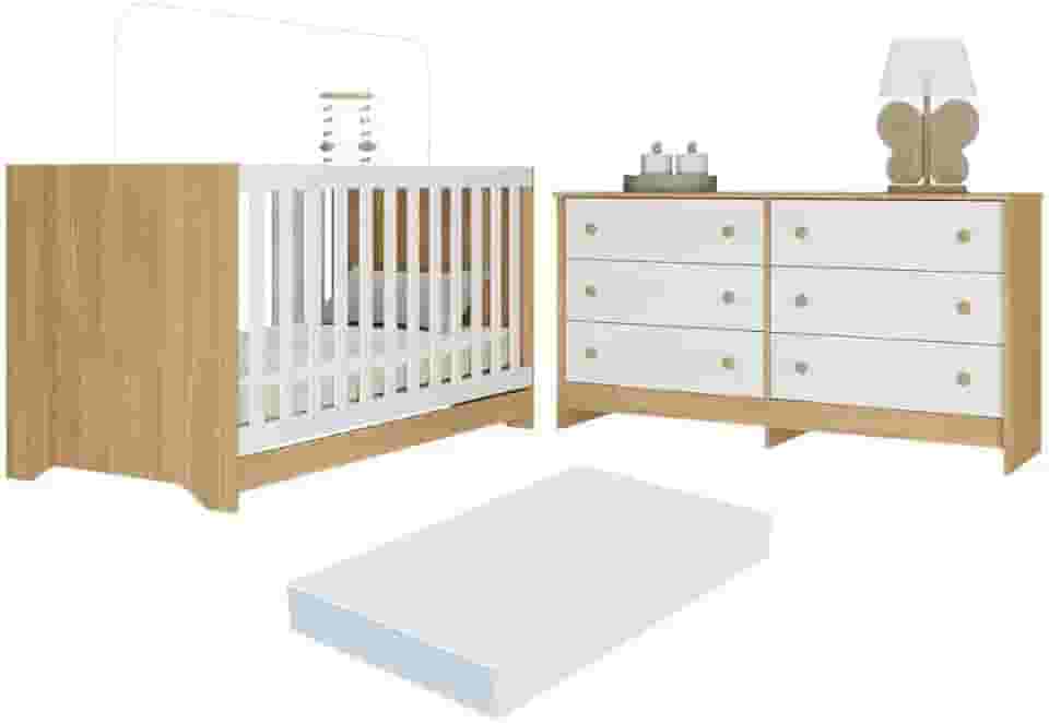 Berço Americano 3 em 1 com Colchão Incluso e Cômoda Caramelo Multimóveis Mp4678 Madeirado/branco