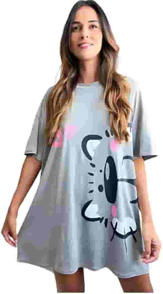 Camisola Feminina De Dormir Camisetão Verão Gatinho Cinza