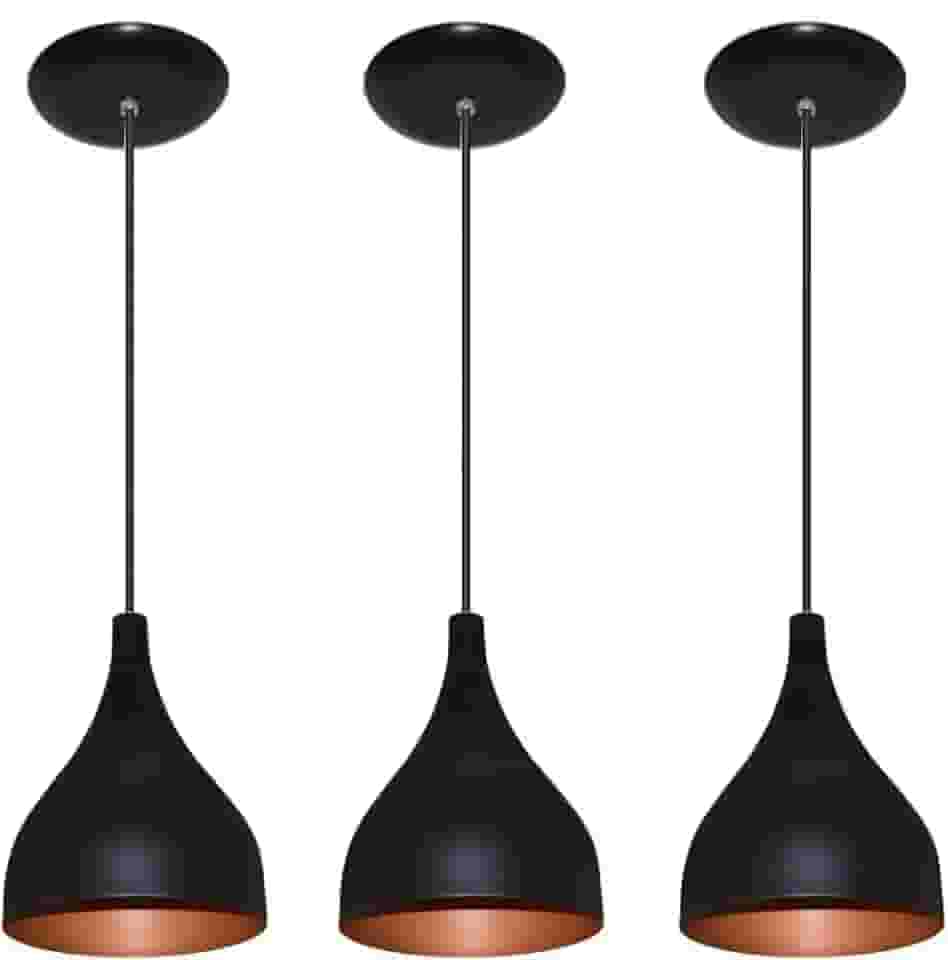 Kit 3 Lustres Luminaria Pendente Modelo Funil - Ideal para balcão cozinha americana, bancada (Preto com Cobre)