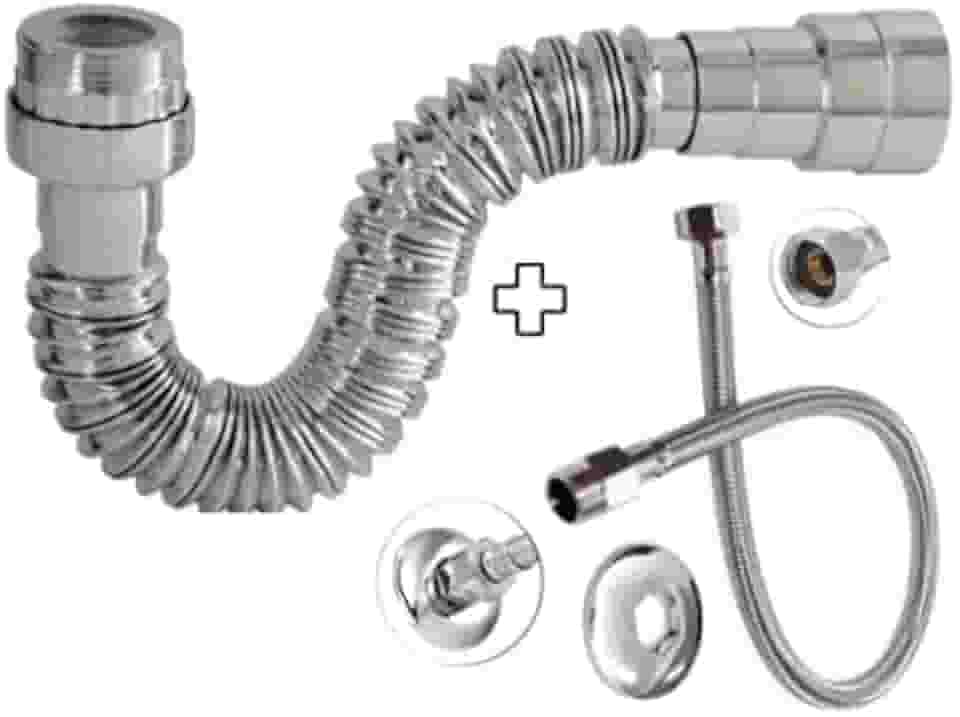 Sifão Sanfonado Pia Flexível Extensível Universal Cromado + Flexivel Trançado Inox 40 cm