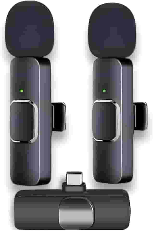 Kit Microfone Lapela Sem Fio Duplo USB-C – Redução de Ruído, Bateria 5h, Alcance 20m – Compatível com iPhone 15/16 e Android – Ideal para Vídeo, Entrevista, Vlog