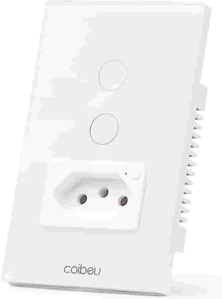 Interruptor Inteligente WiFi com Tomada, Interruptor Smart Sem Fio Doméstico Multifuncional, Controle Remoto de Eletrodomésticos Por Celulares, Branco, 2 Botao, com neutro