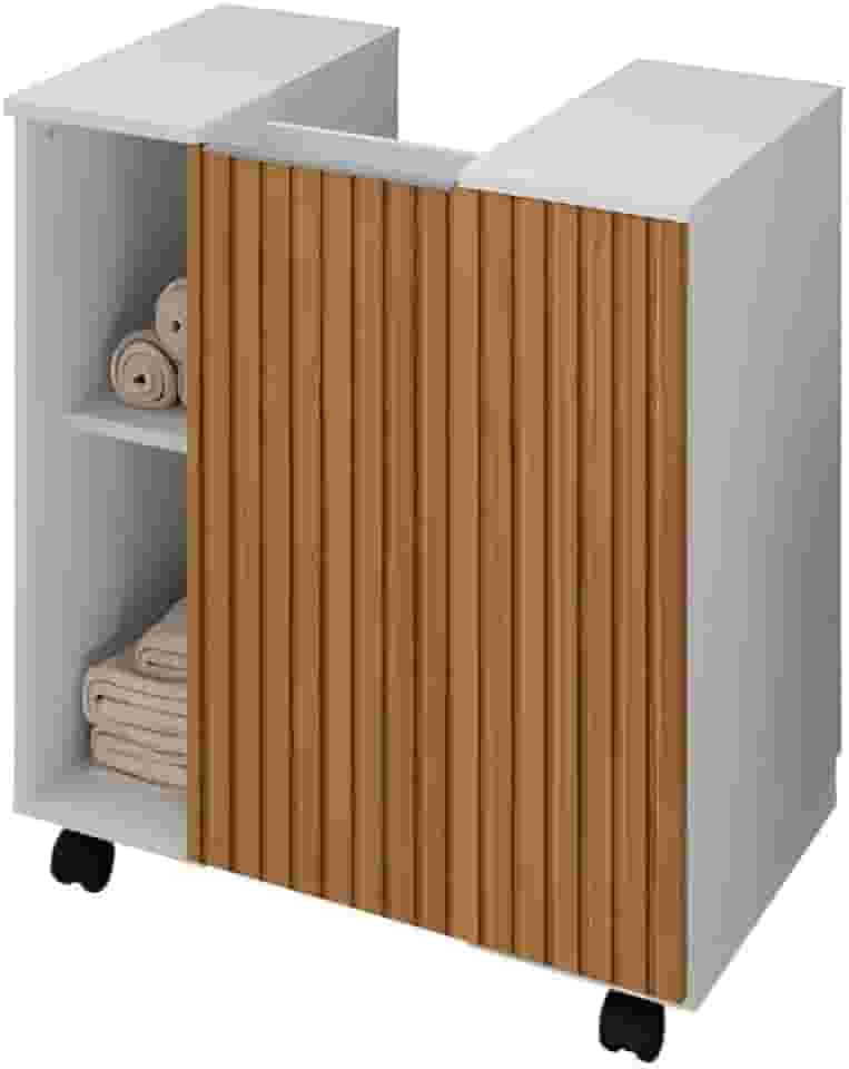 Gabinete Banheiro Para Pia De Coluna Com Rodinhas Armario Moderno E Organizador Com 1 Porta Nichos e Rodízios Pequin (Branco/ripado)