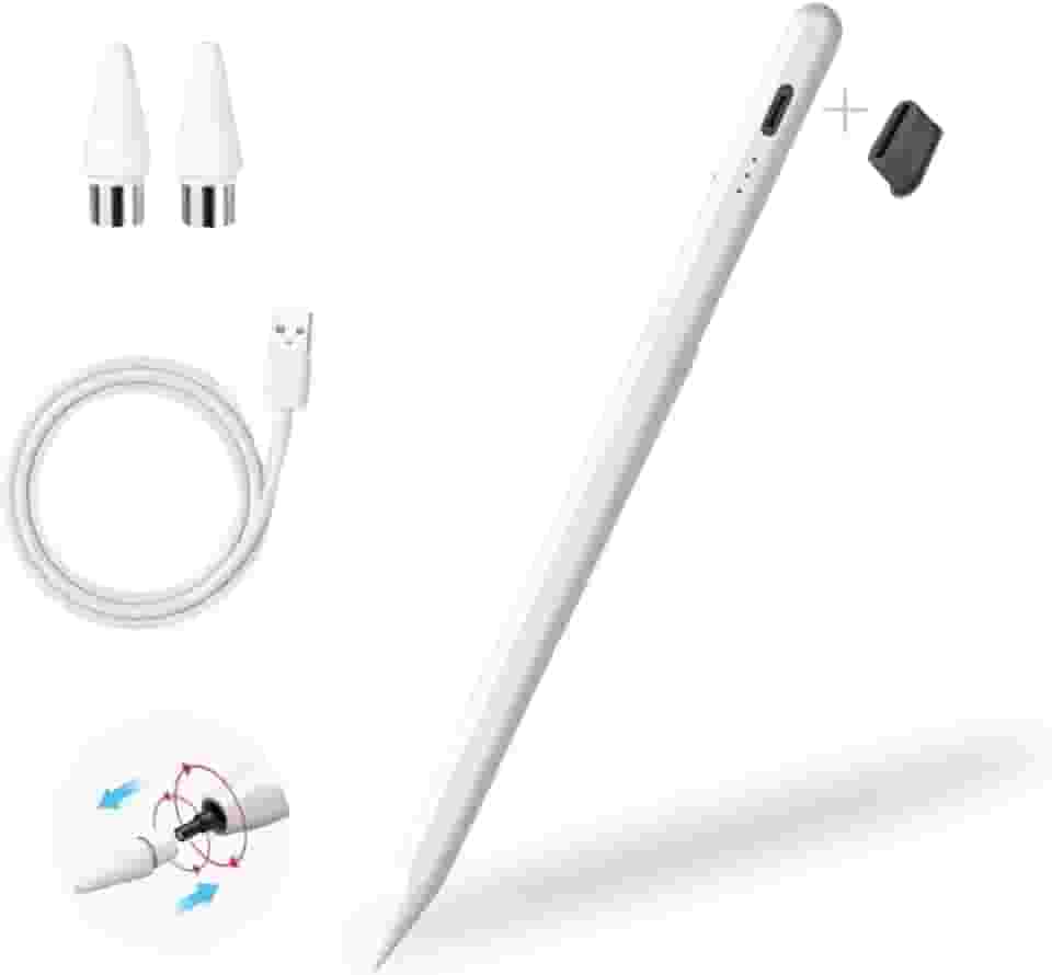 Caneta Stylus Touch Recarregável para iPad – Ponta Fina 1,5 mm, Alta Precisão, Rejeição de Palma e Inclinação - Acompanha 2 ponteiras extras