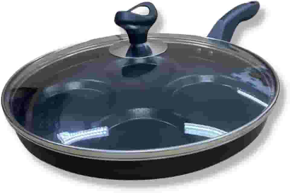 Frigideira Teflon 4 Ovos/hamburgueres Antiaderente Com Tampa de Vidro Cavidades