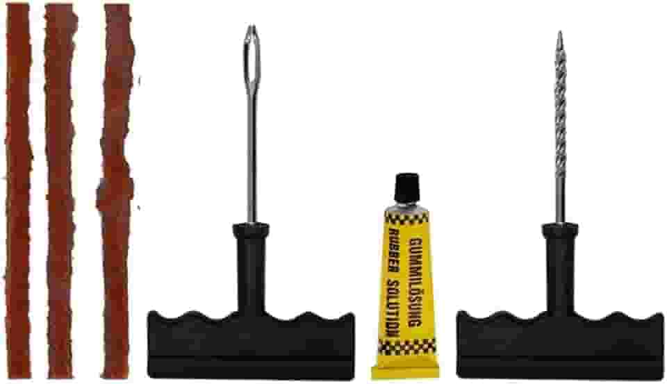 Kit de Reparo Conserto Remendo para Pneus de Carro, Moto e Bicicleta, Contém Macarrão Selante, Ferramentas e Cola
