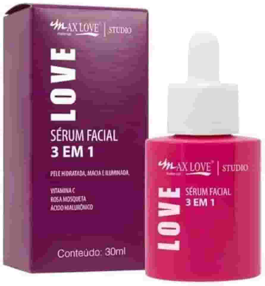 Serum Facial 3 em 1 Max Love - Vitamina C + Rosa Mosqueta + Ácido Hialurônico, Hidratação, Antienvelhecimento e Iluminação, Textura Leve, 30ml