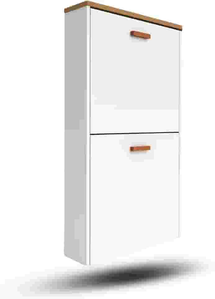 Sapateira DUO Slim de Parede – MDF com Puxadores em Madeira Angelim Pedra, Compacta 90x60x16cm, Design Moderno, Modulável, Amortecedor Hidráulico (Branca)
