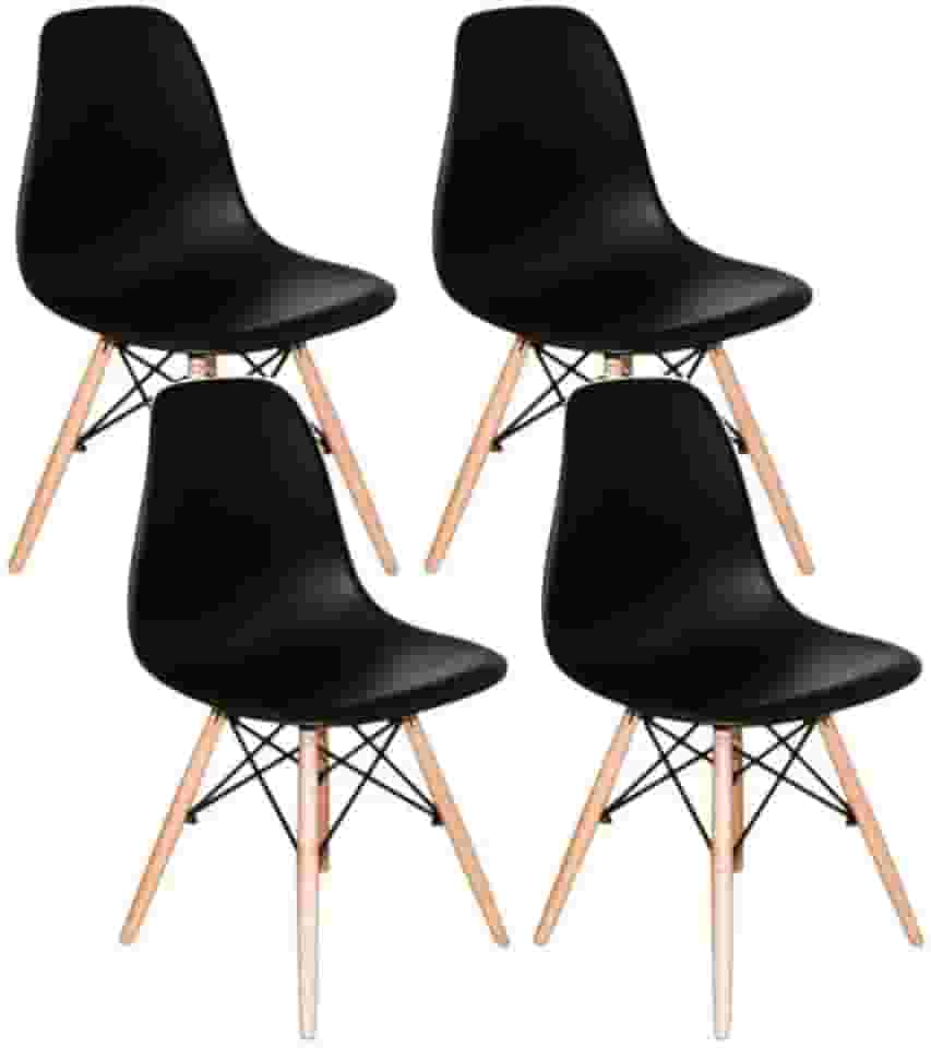 Kit 4 Cadeiras Charles Eames Eiffel Dsw Em Polipropileno Com Pés De Madeira Clara Versátil E Elegante Sala De Jantar Cozinha Bar, Preto