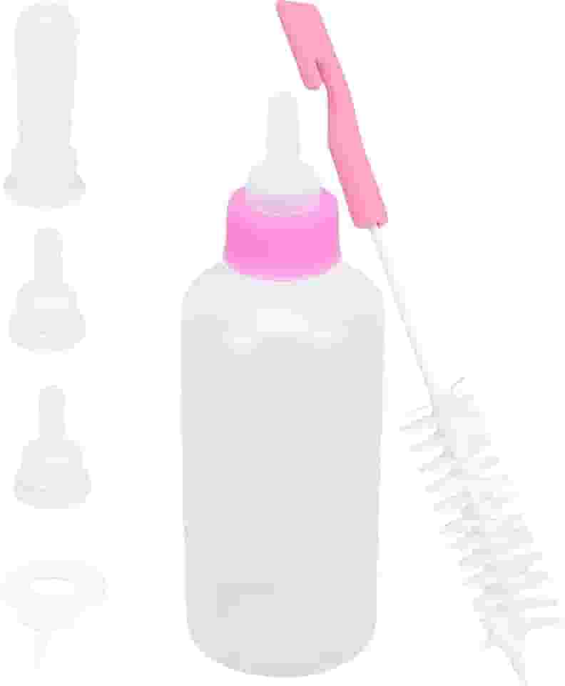 Kit Mamadeira Pet com 7 Peças, 60ml, Rosa, com 4 Bicos, Escova de Limpeza, para Filhotes e Animais em Recuperação