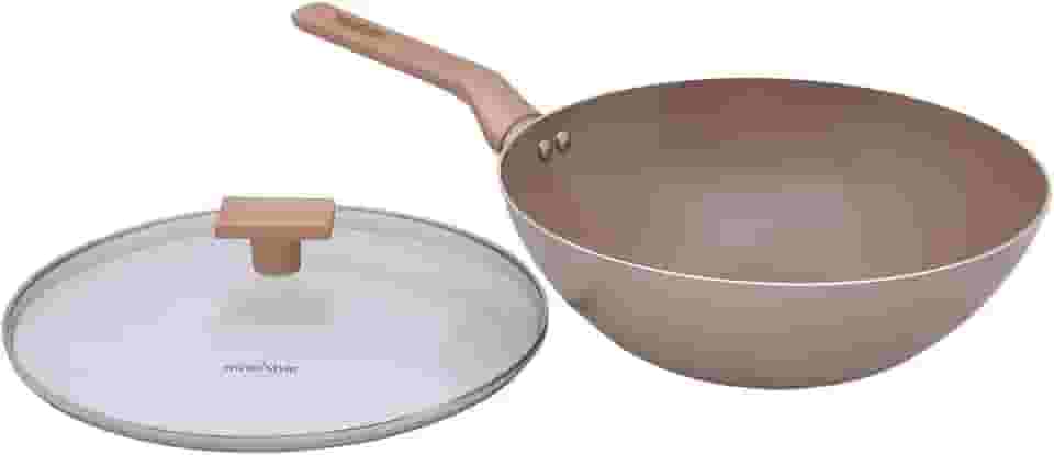 Mimo Style Wok Linha Sartin 1,2 L, Alumínio Com Fundo Triplo e Revestimento cerâmico. Possui Cabo Com Revestimento Soft-Touch. Funciona em Fogão a Gás e Elétrico (Champanhe)
