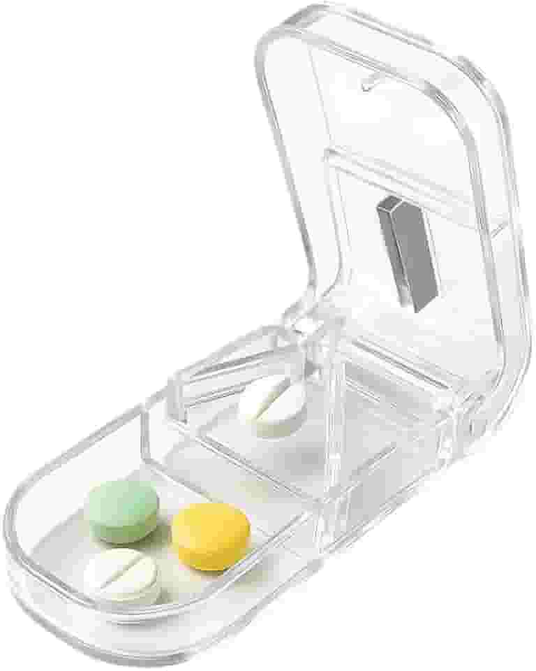 Cortador de Comprimidos com Reservatório Porta Remédios Transparente Portátil para Viagem e Uso Diário Lâmina Afiada Corta e Armazena Divisor Preciso e Prático (Transparente)