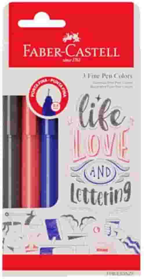 Caneta Ponta Fina, Faber-Castell, Fine Pen Colors, FPB/ES3NZF, 3 Cores Básicas (Azul, Vermelho e Preto)
