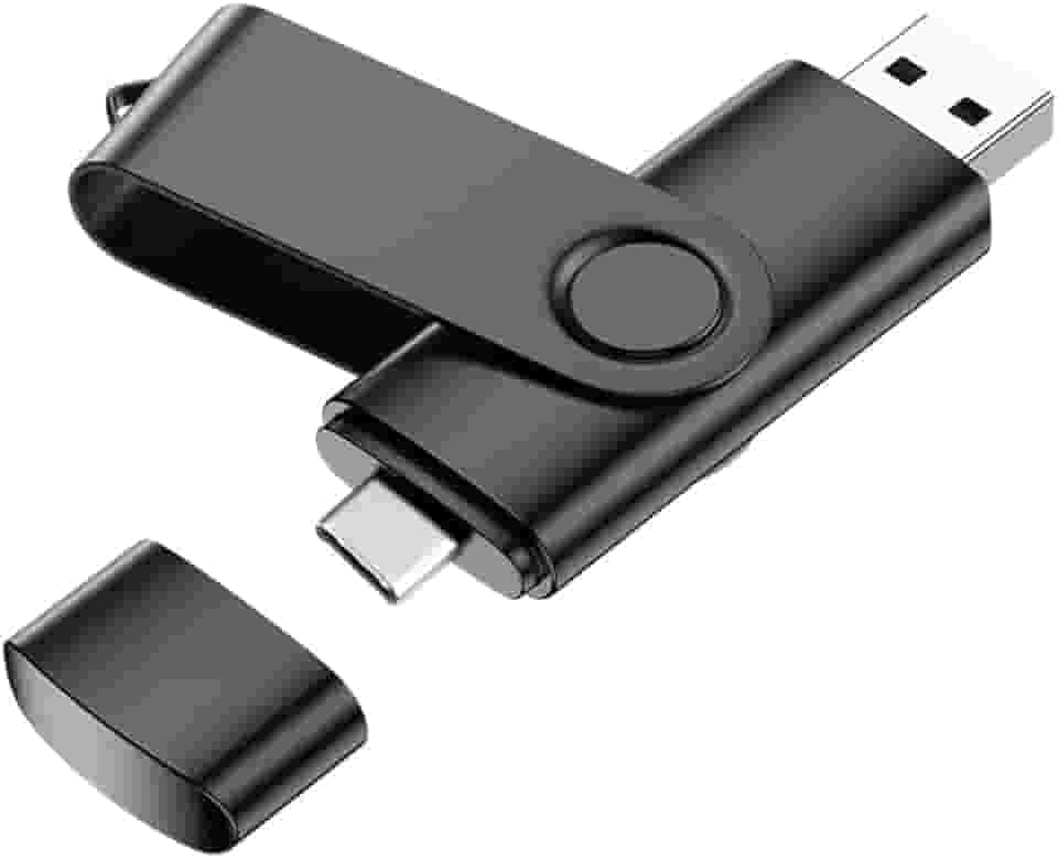 Pen drive USB C de 32 GB, pen drive giratório duplo, tipo C + porta USB A, cartão de memória portátil para iPhone 16/15, Mac, telefones Android, tablets, laptops, Mac, Windows, preto