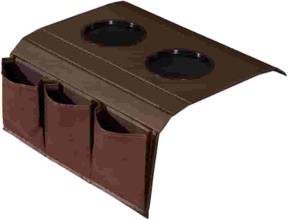 Bandeja Esteira para Braço de Sofá de Couro Marrom com Porta Controle