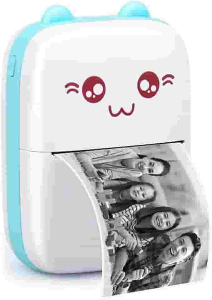 Mini Impressora Térmica Portátil BT 200dpi - Impressão de Fotos, Etiquetas, Notas, desenhos para colorir + 1 Rolo Adesivo e 4 Rolos Papel Térmico comum 57x30mm (Azul)