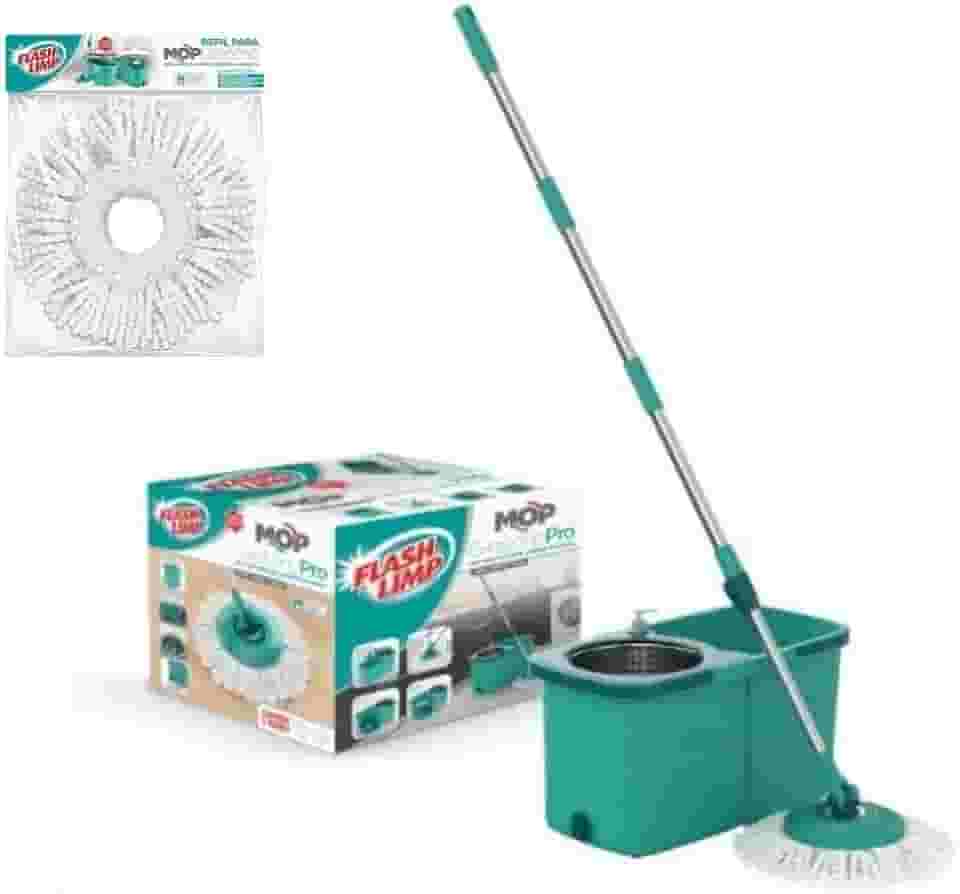 Mop Giratório Pro com Balde e Refil Extra, Verde, Sistema de Centrifugação