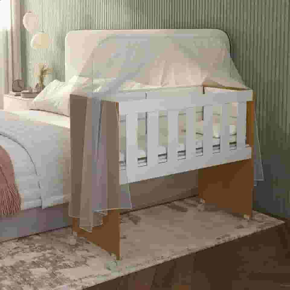 Mini Berço Branco E Marrom Com Colchão E Suporte Para Mosquiteiro Multifuncional 5x1 Rodízios Chiqueirinho