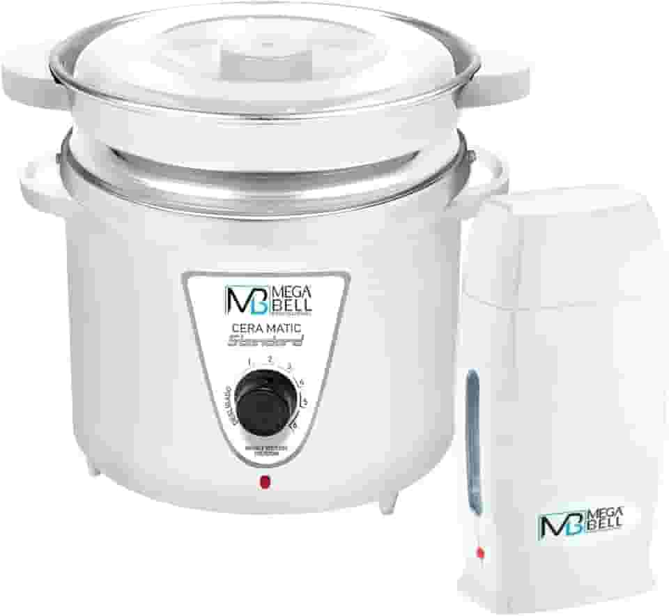 Kit Panela Depilação Termocera 900g Com Refil Branco + Aquecedor de Cera Roll-on Todo Branco Mega Bell