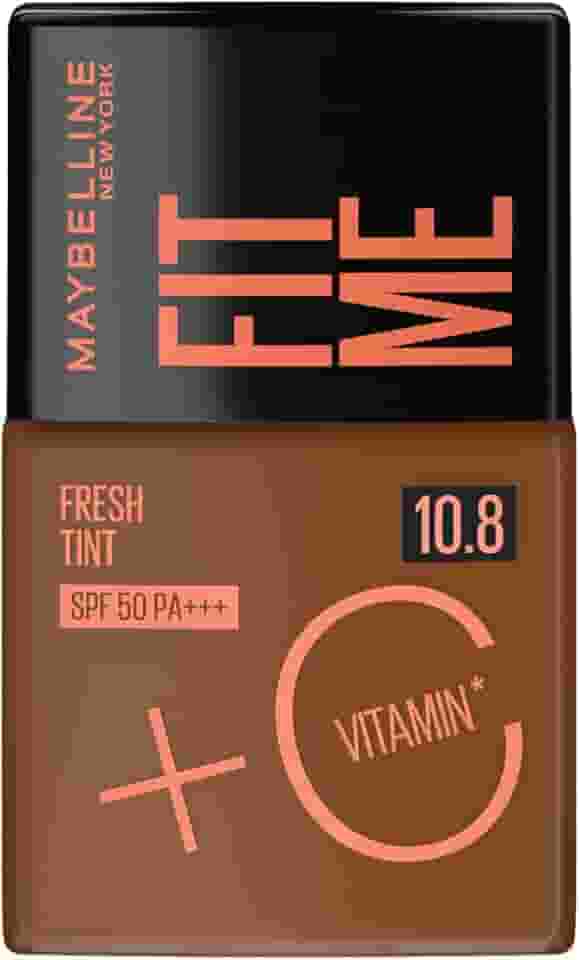 Maybelline NY Fit Me Fresh Tint Base Líquida, Proporciona Efeito Glow Natural, Controla a Oleosidade e Uniformiza a Pele com Vitamina C e FPS 50, Cor 10.8, 30ml