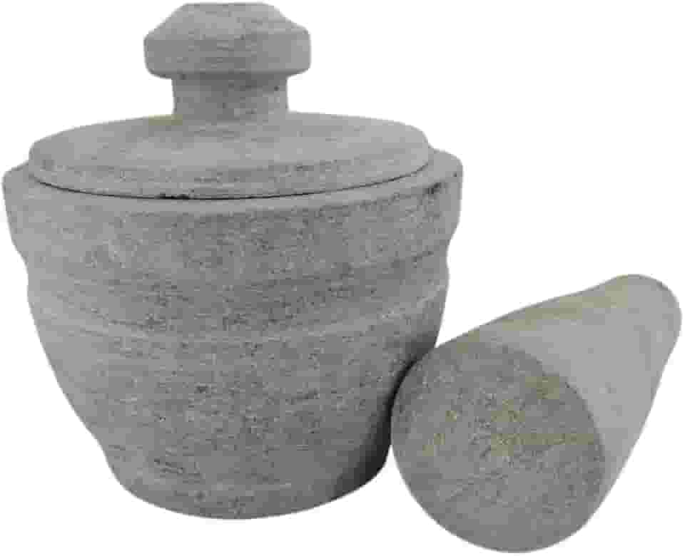 Pilão Em Pedra Sabão Para Alho Temperos Resistente Com Tampa