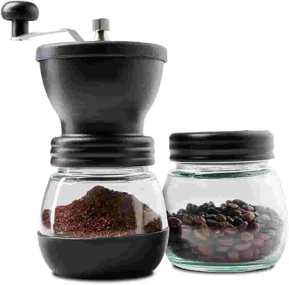 Moedor de Café Manual Premium Moinho Ajustável com Manivela Recipiente de Vidro Duplo para Grãos e Pó Base Antiderrapante Cerâmica Preta