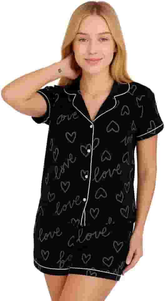 Pijama Americano Feminino, Manga Curta com Gola, Short Estampado Anastácia