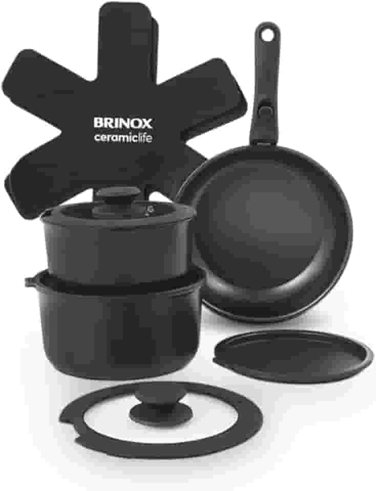 Brinox - Jogo de Panelas Antiaderente Ceramic Life 10 Peças Cabo Removível Fit - Preto