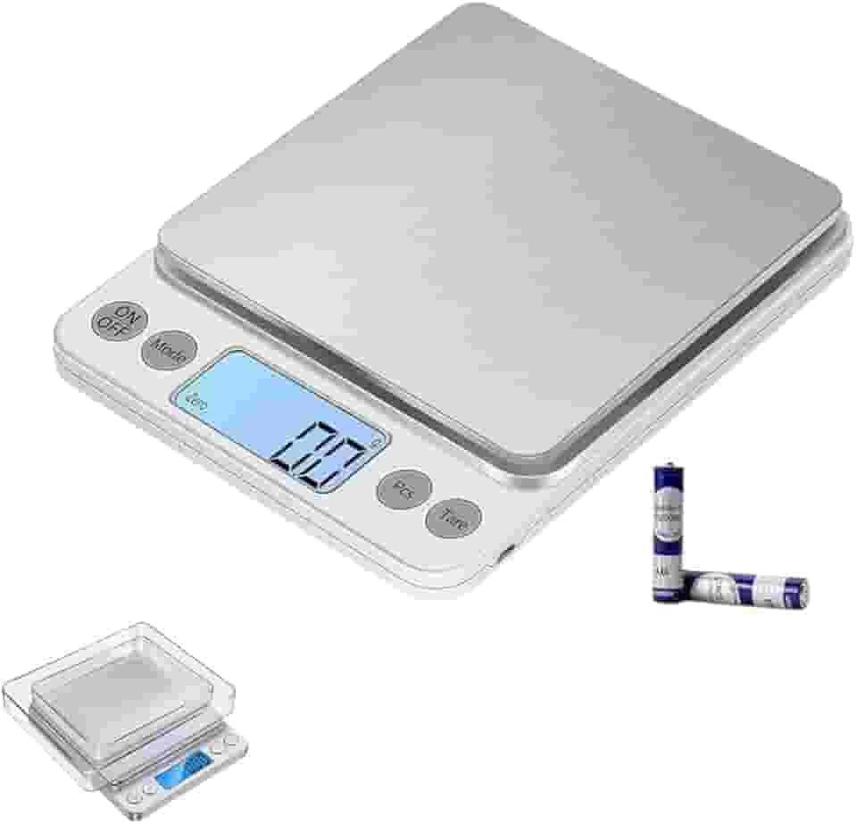 Balança Digital de Precisão para Cozinha, 0,1g a 2kg, Visor Iluminado, 6 Unidades de Medida, 2 Bandejas, Função Tara, Desligamento Automático Portátil com Pilhas Inclusas