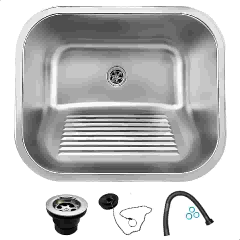 SOFTINOX Tanque de Lavanderia 50x45cm em Aço Inox 201 Escovado com Manta Emborrachada – Monobloco, Acompanha Válvula 2 3/4″ e Sifão, Instalação Embutir/Sobrepor
