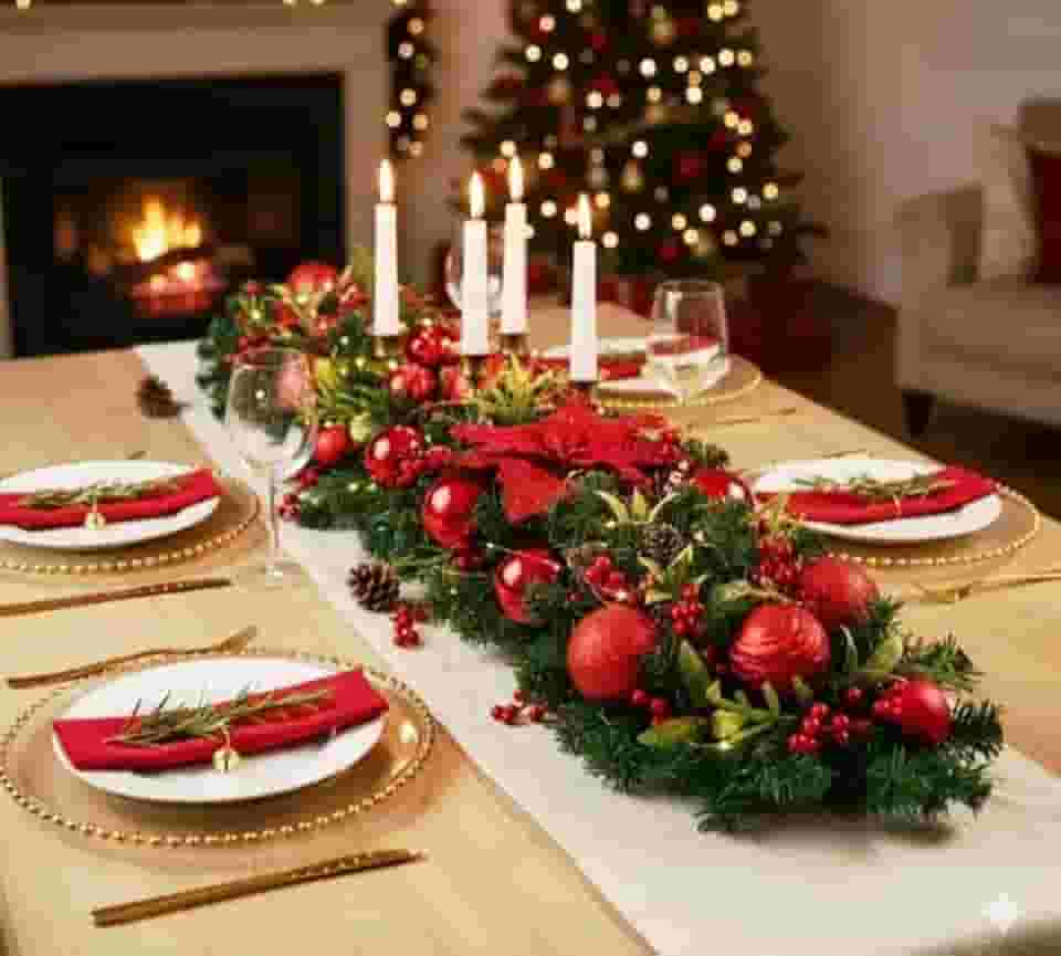 Centro de Mesa Natalino Luxo, 45cm Decoração de Natal com Poinsétia, Bolas e Pinhas, Dourado ou Vermelho, 2 Modelos Disponíveis, para Mesa de Jantar e Festas (Vermelho)