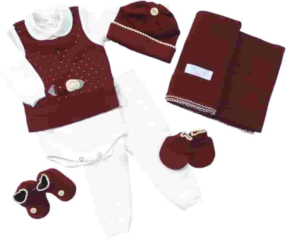 Saida Maternidade Completa Recem Nascido Menino Menina 7 Peças Sanches Baby (Bordô com Natural)