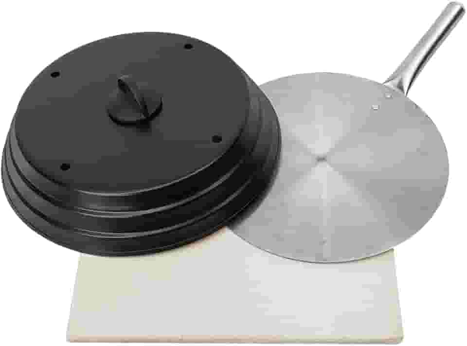 Kit Pizza Para Churrasqueira Com Pá de Pizza Alumínio Pedra Refratária Quadrada 40x40cm e Abafador (Preto)