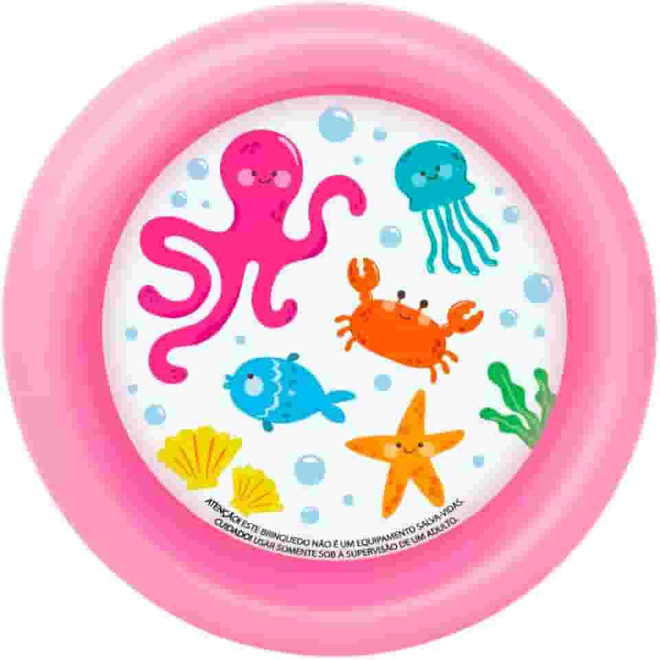 Piscina Inflável Infantil Azul e Rosa, Design Fundo do Mar, 30 Litros, 60 x 15 cm, para Praia e Verão (Rosa)