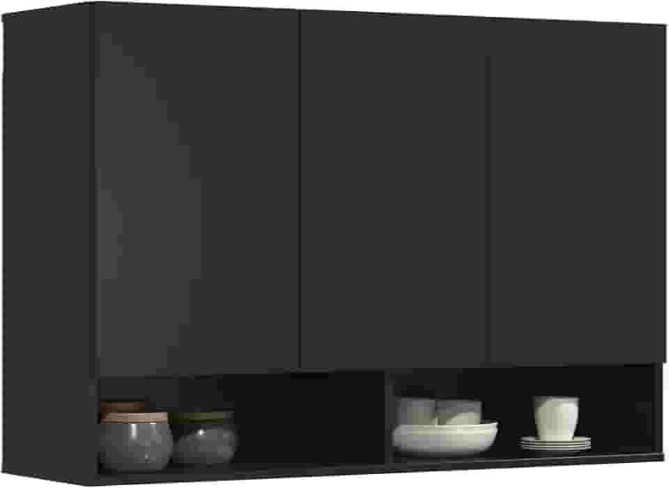 Armário Multiuso Aéreo 3 Portas Milão Parede Suspenso Cozinha Quarto (Preto)